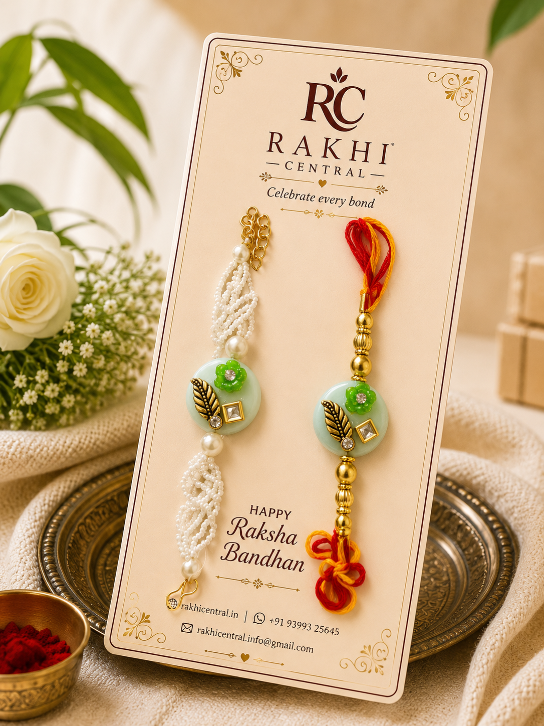 Premium Floral Bracelet Rakhi with Pearl & Gold-Tone Accents