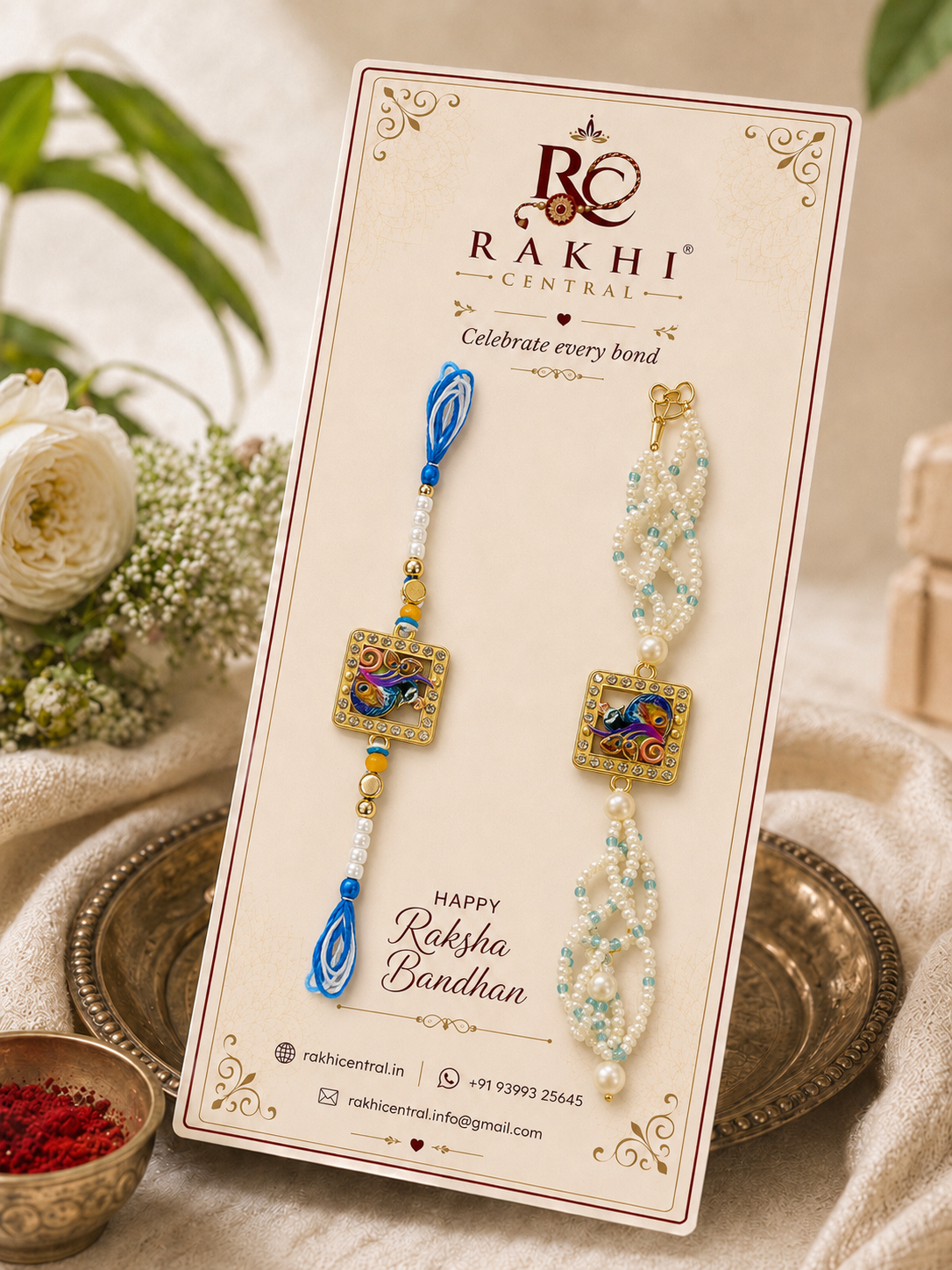 Peacock Designer Bhaiya Bhabhi Bracelet Rakhi Set with Pearl Lumba