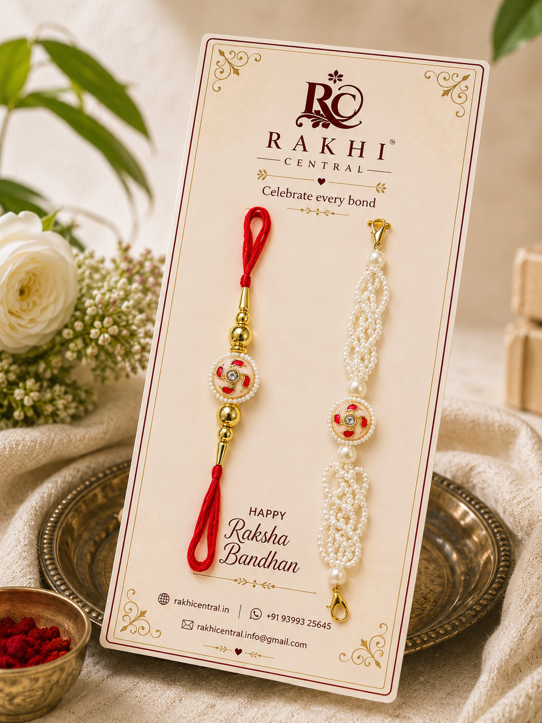 Red Designer Bhaiya Bhabhi Bracelet Rakhi Set with Pearl Lumba