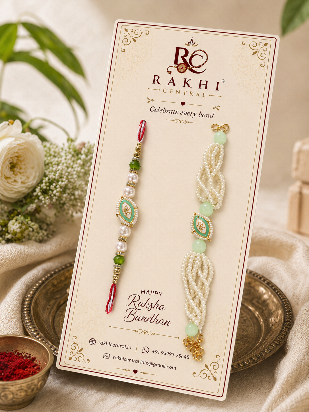 Premium Bracelet Bhaiya Bhabhi Rakhi Set with Pearl Lumba