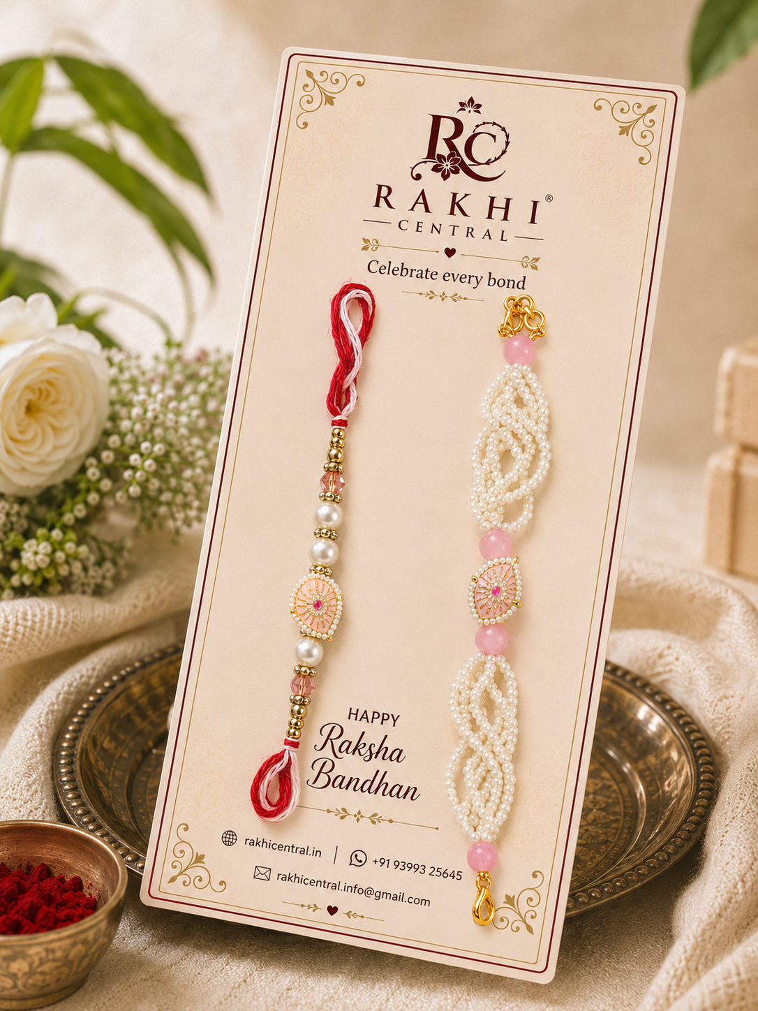 Premium Bracelet Bhaiya Bhabhi Rakhi Set with Pearl Lumba