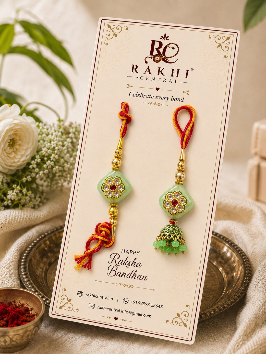 Floral Bhaiya Bhabhi Lumba Rakhi Set with Green Jhumka