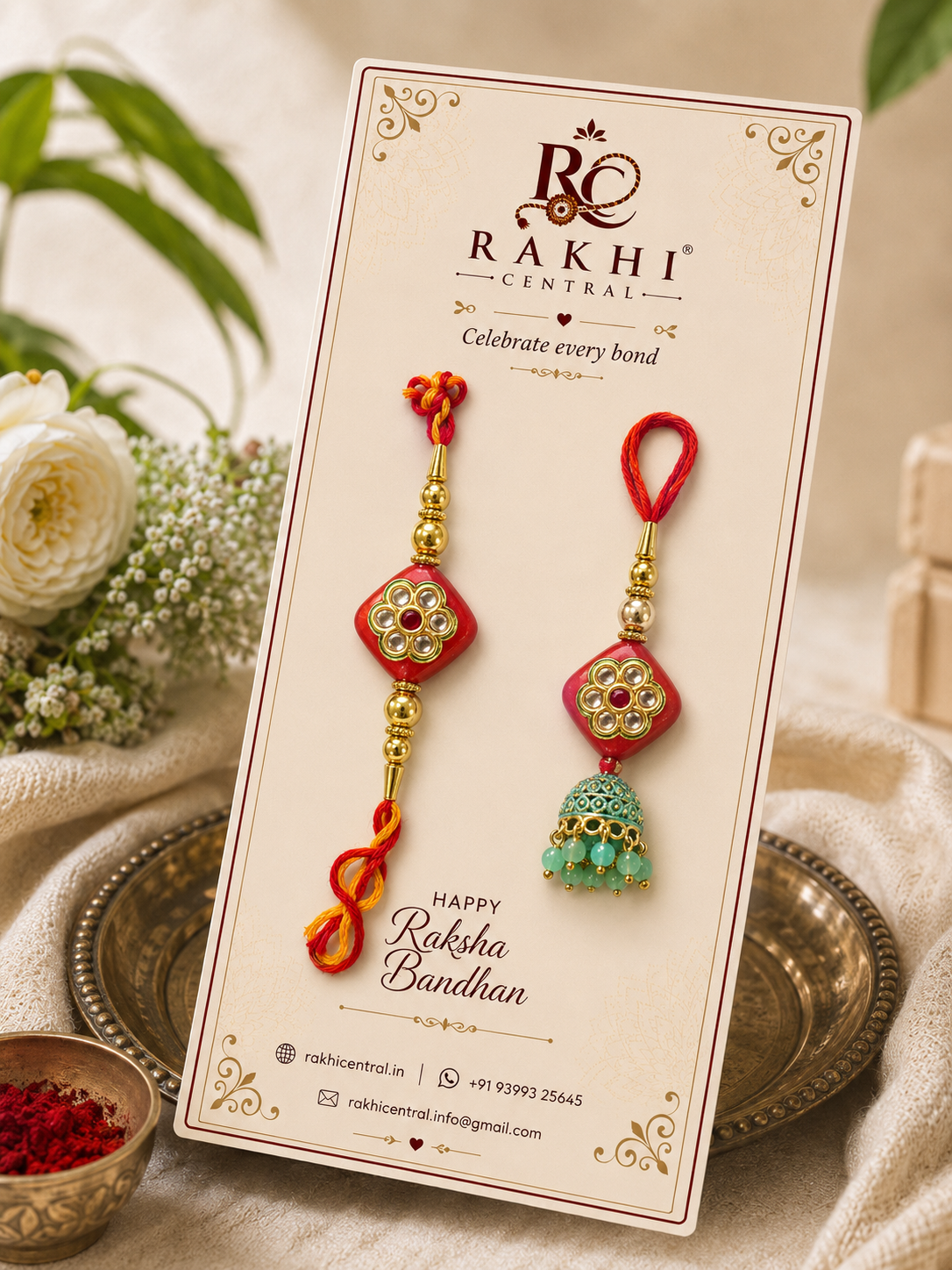 Floral Bhaiya Bhabhi Lumba Rakhi Set with Green Jhumka