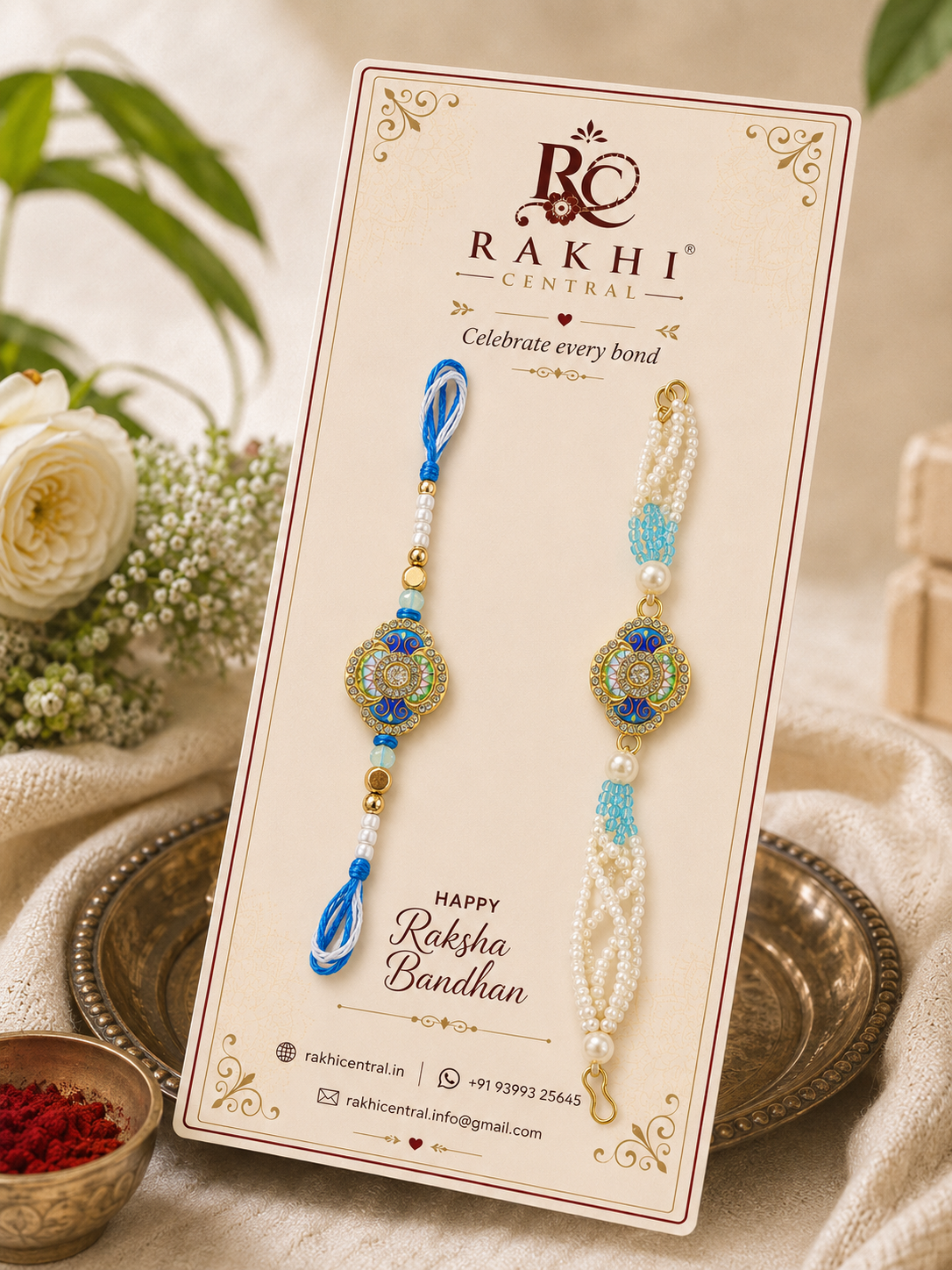 Blue Designer Bhaiya Bhabhi Bracelet Rakhi Set with Pearl Lumba