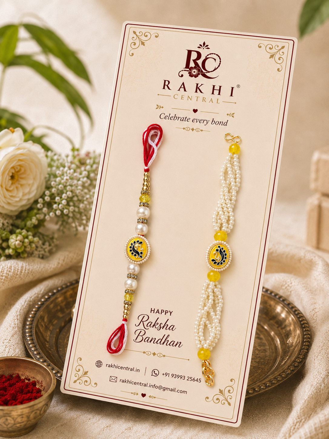 Yellow Designer Bhaiya Bhabhi Bracelet Rakhi Set with Pearl Lumba