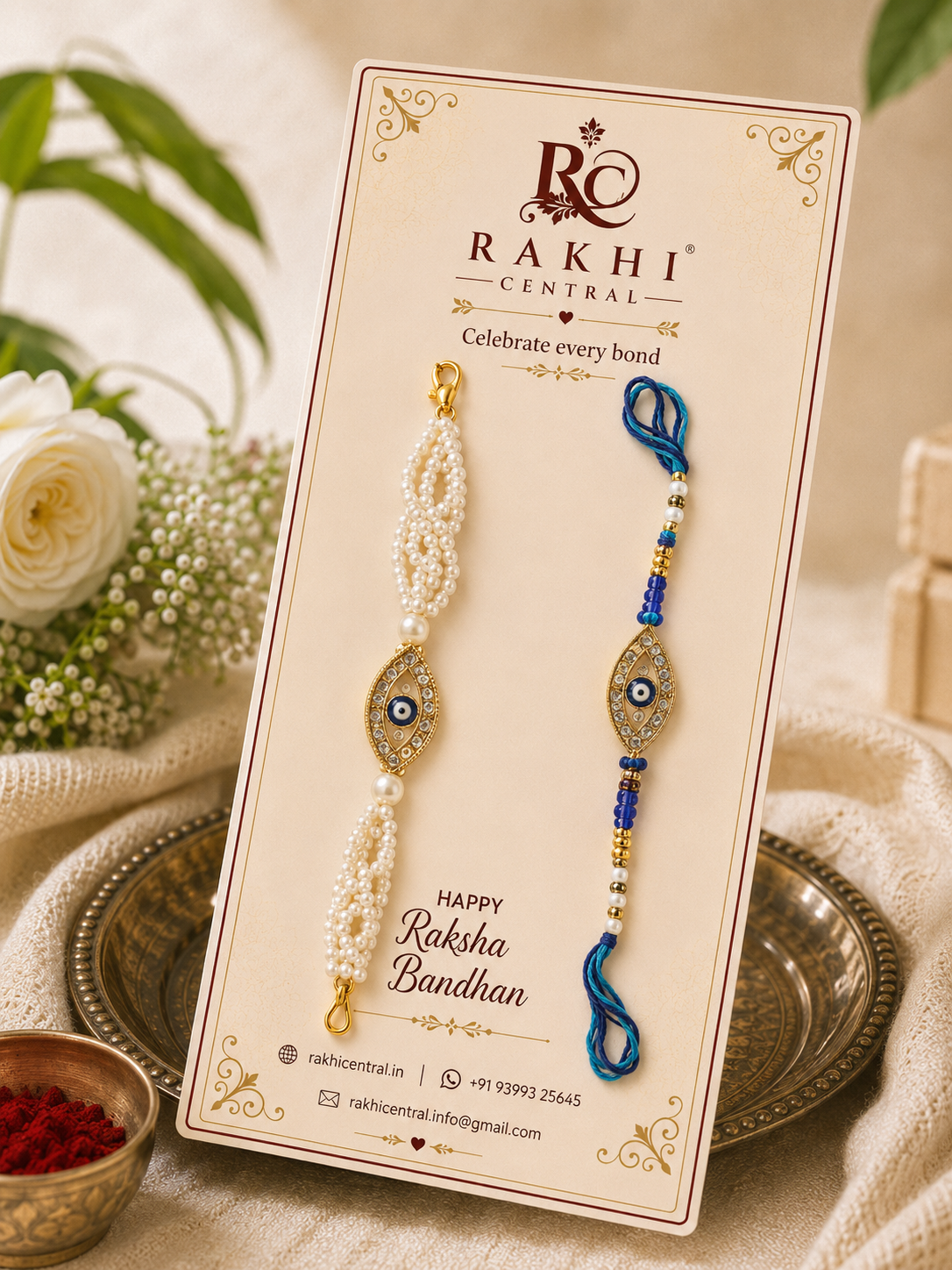 Evil Eye Bhaiya Bhabhi Bracelet Rakhi Set with Pearl Lumba