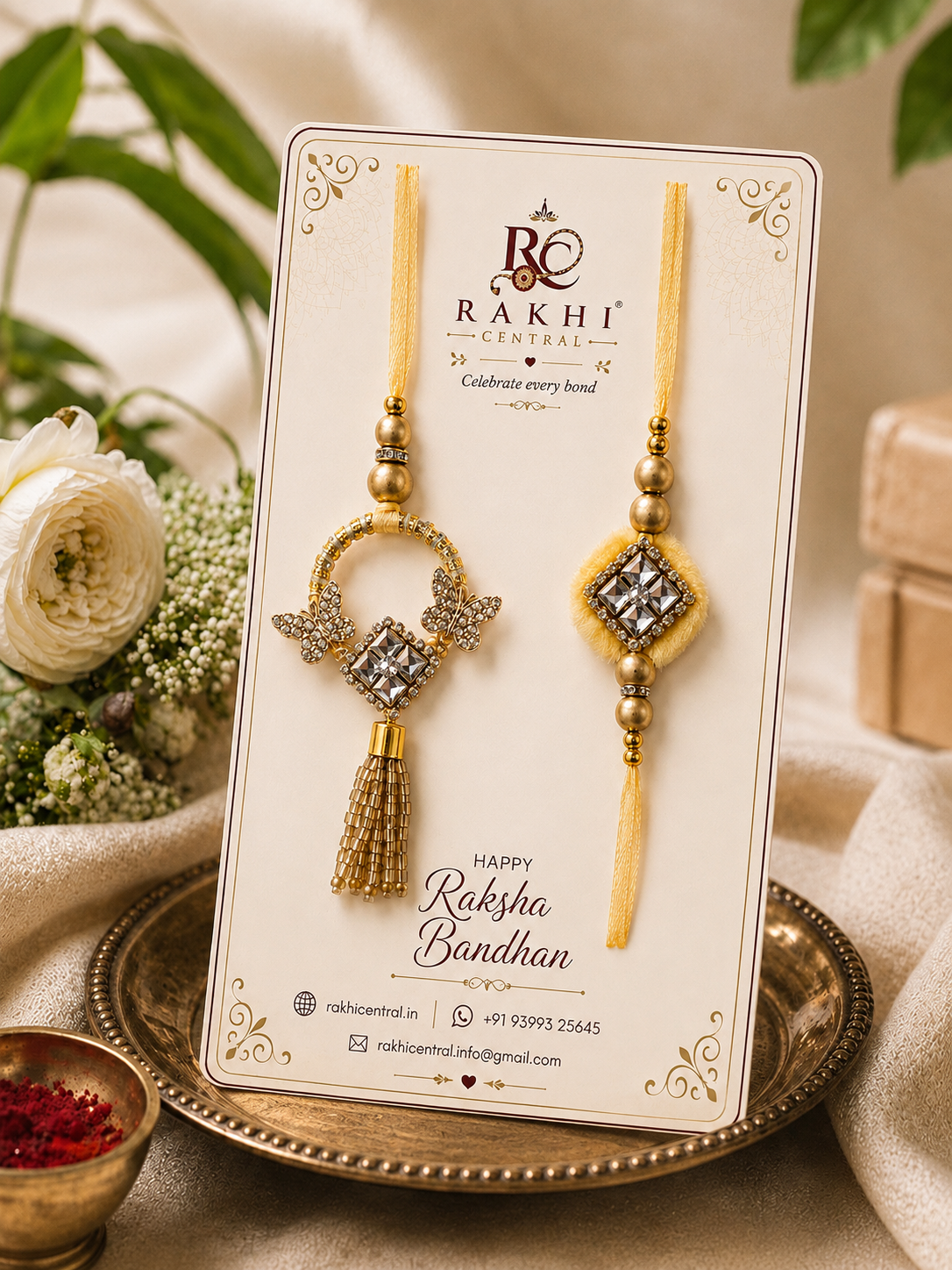 Golden Crystal Butterfly Bhaiya Lumba Rakhi Set