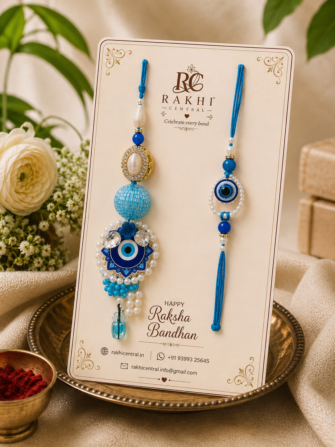 Sapphire Evil Eye Pearl Rakhi Pair