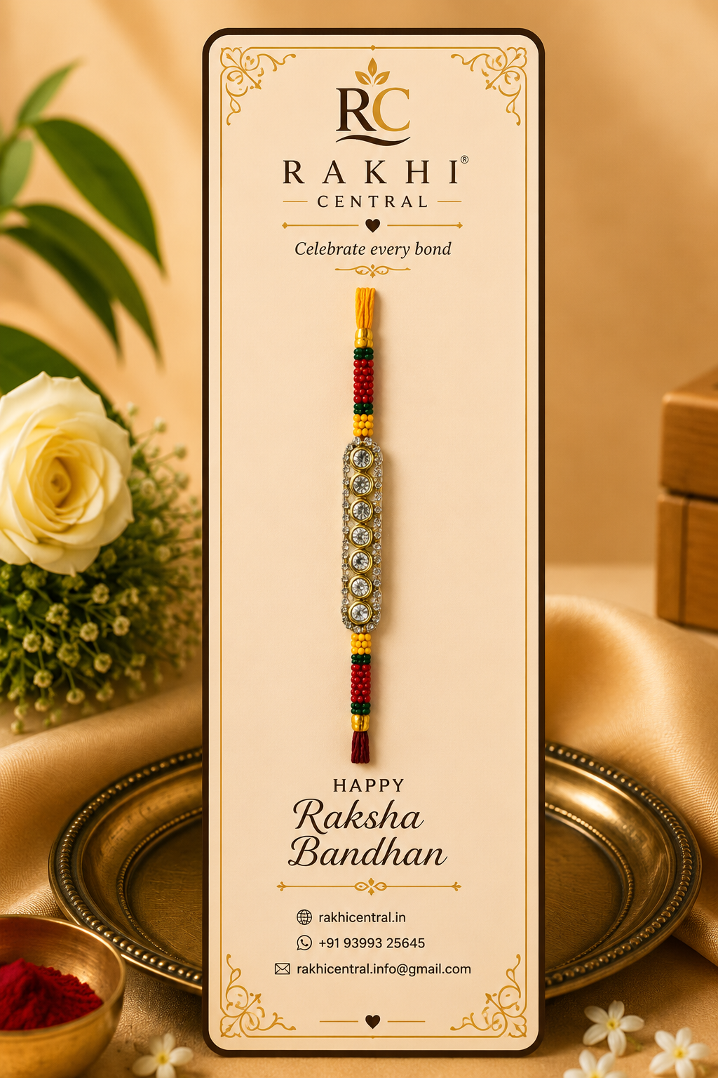 Premium American Diamond Bar Rakhi with Multicolor Beads