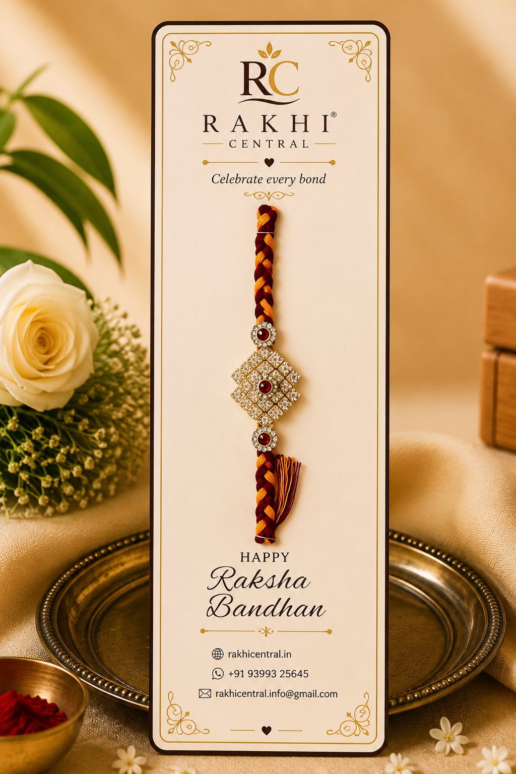 Premium American Diamond Square Rakhi with Red Stones