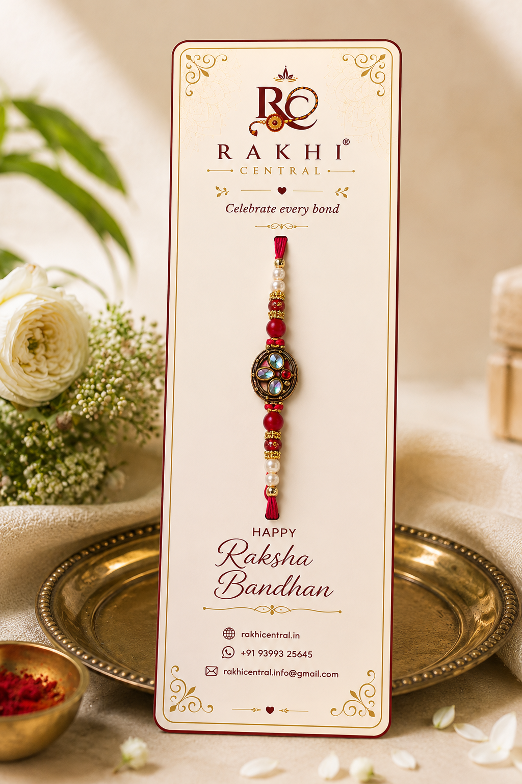 Premium Oval Kundan Stone Rakhi with Pearl Beads