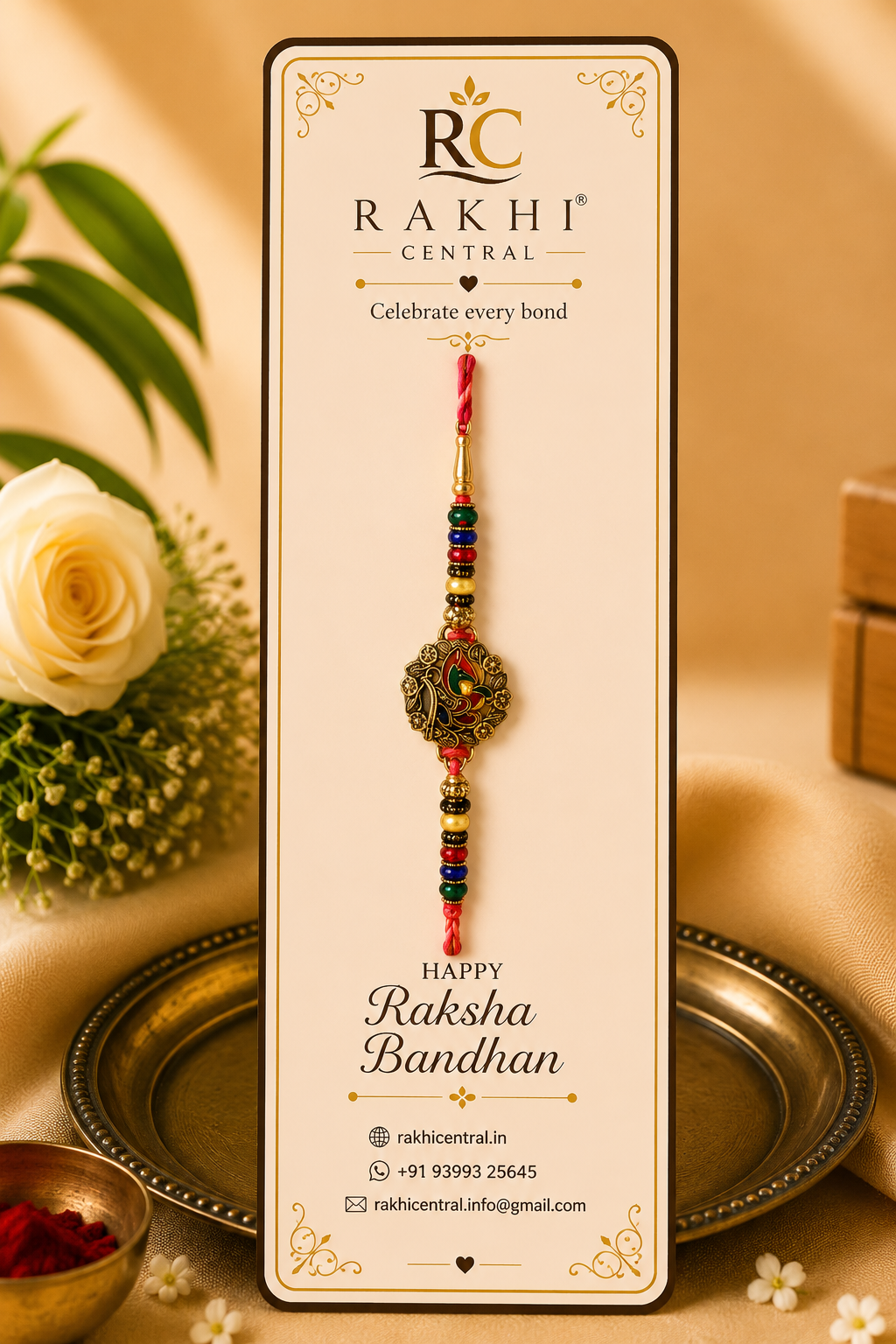 Premium Meenakari Peacock Rakhi with Multicolor Beads