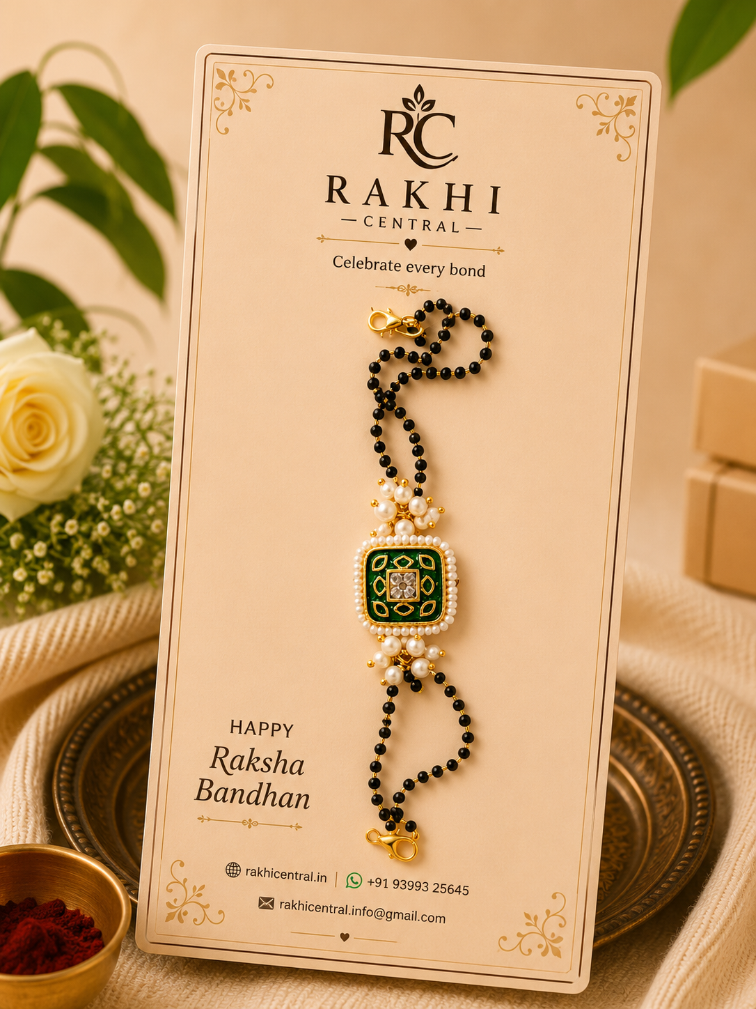 Premium Square Kundan Bracelet Rakhi with Pearl Border