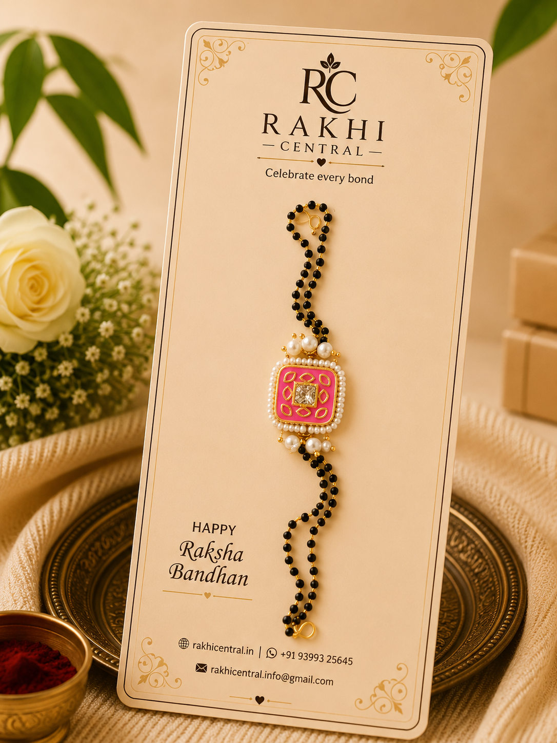 Premium Square Kundan Bracelet Rakhi with Pearl Border