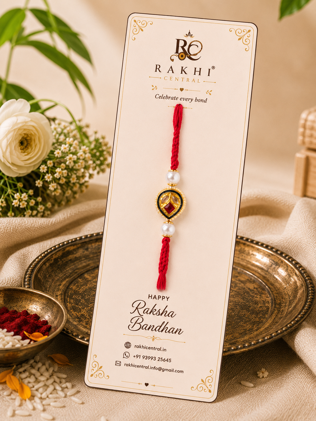 Premium Kundan Paisley Rakhi with Red Stone & Pearl Beads