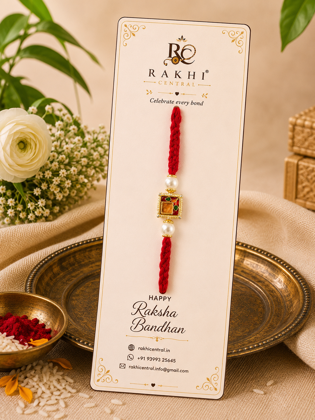 Premium Meenakari Square Rakhi with Pearl Beads