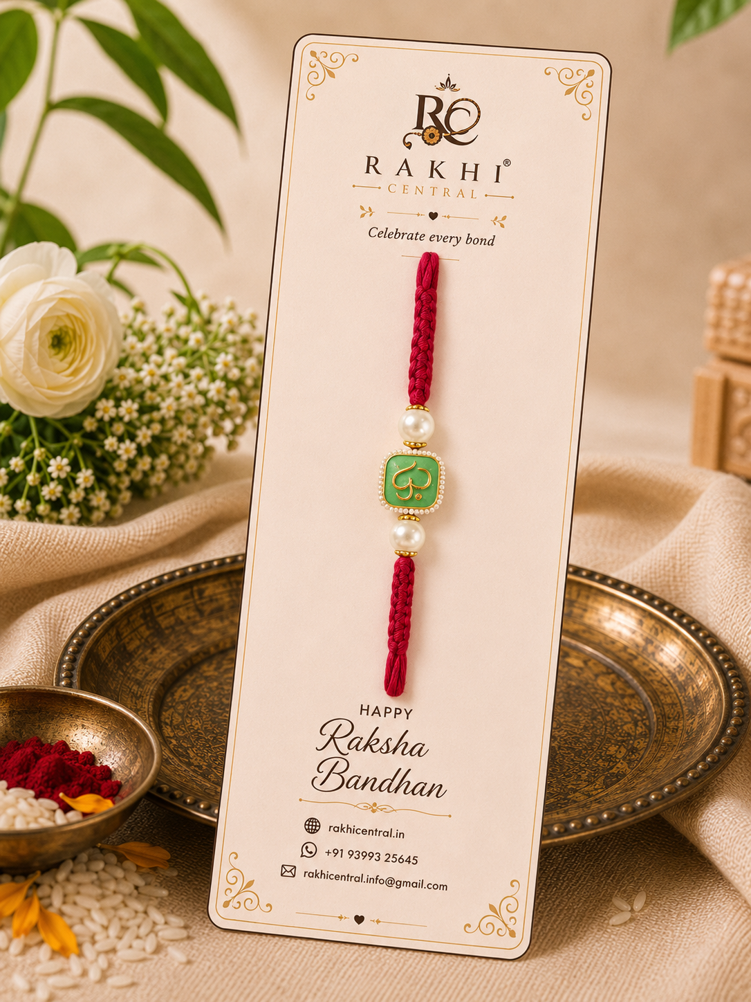 Premium Mint Meenakari Square Rakhi with Pearl Beads