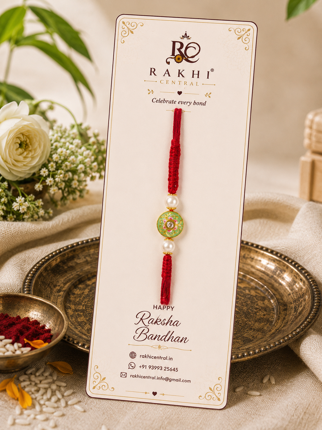 Premium Floral Meenakari Round Rakhi with Pearl Beads