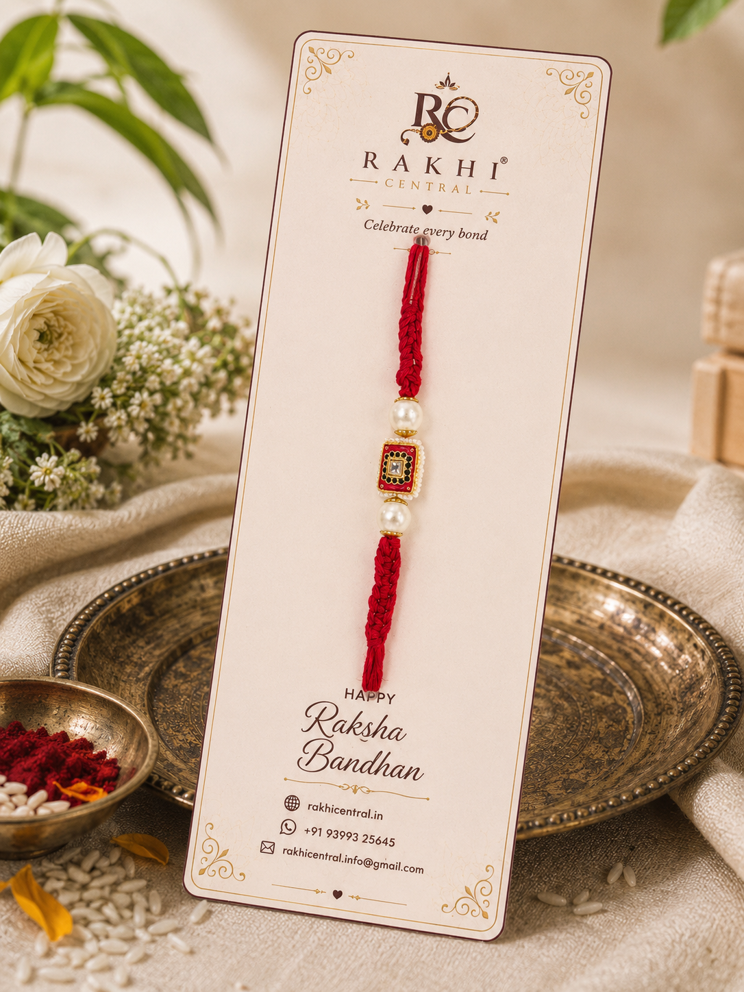 Premium Mirror Square Rakhi with Red Enamel & Pearl Beads