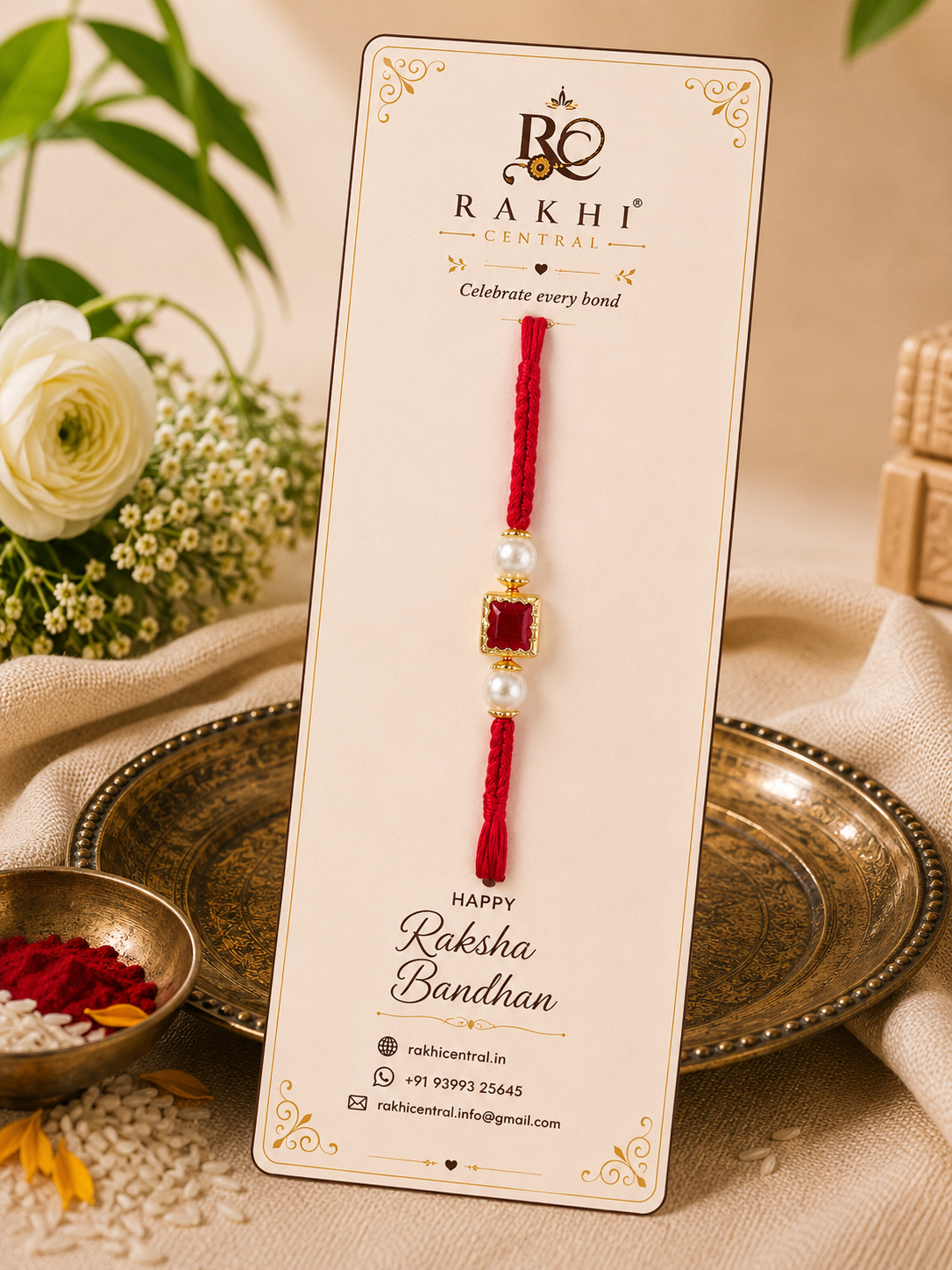 Premium Ruby Stone Square Rakhi with Pearl Beads